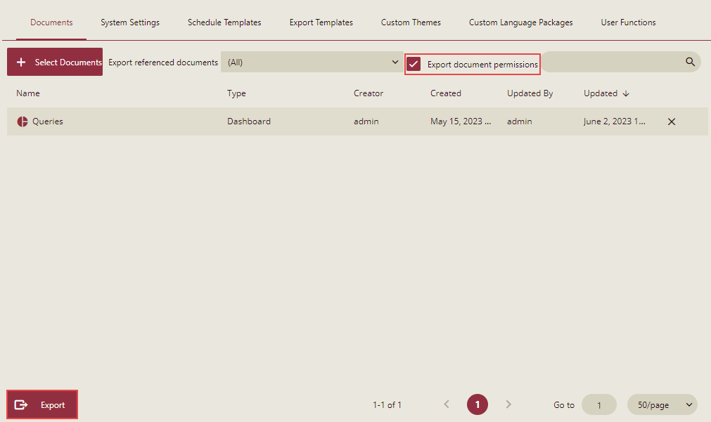 Exporting documents on the Export Page