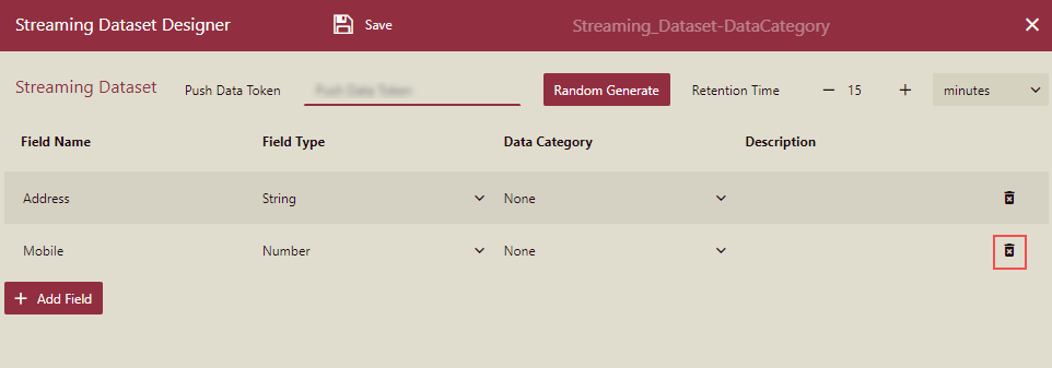 Delete a field in the Streaming Dataset