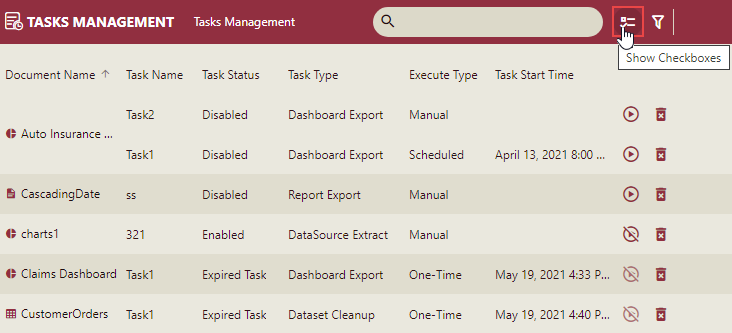 Click the Show Checkboxes button to disable multiple tasks at once