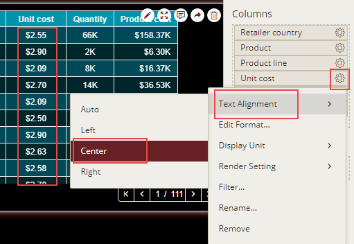 Aligning text within the table