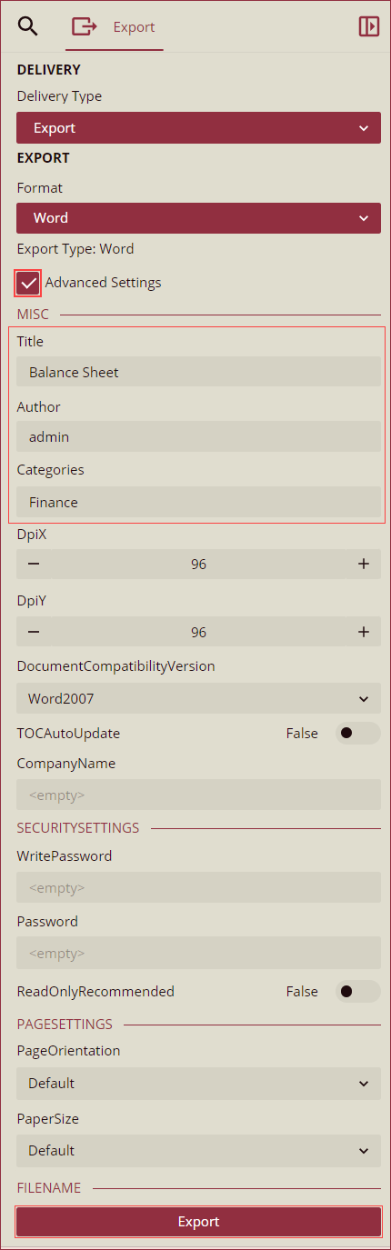 Advanced Settings of Export Report